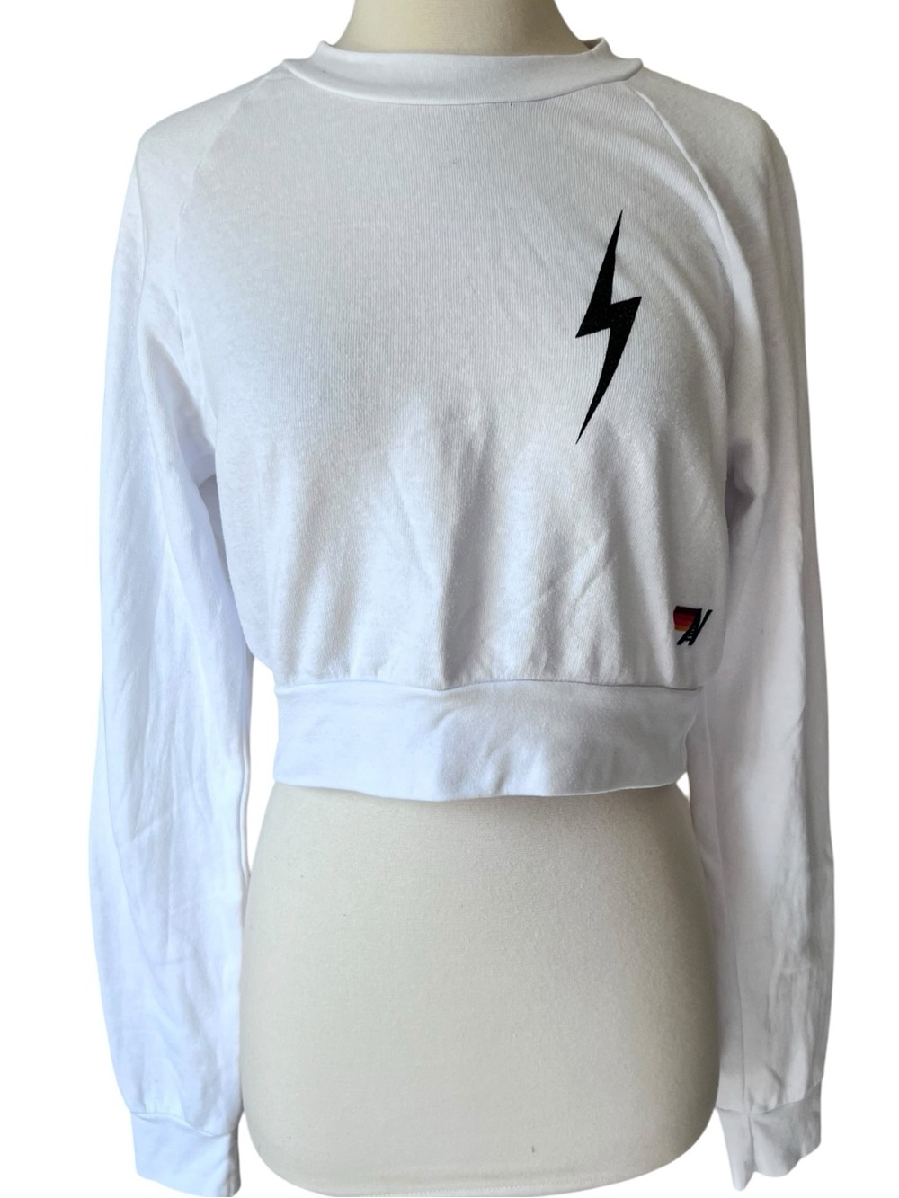 Aviator Nation White Cropped Sweatshirt Small Lightning Bolt Raglan Pullover USA